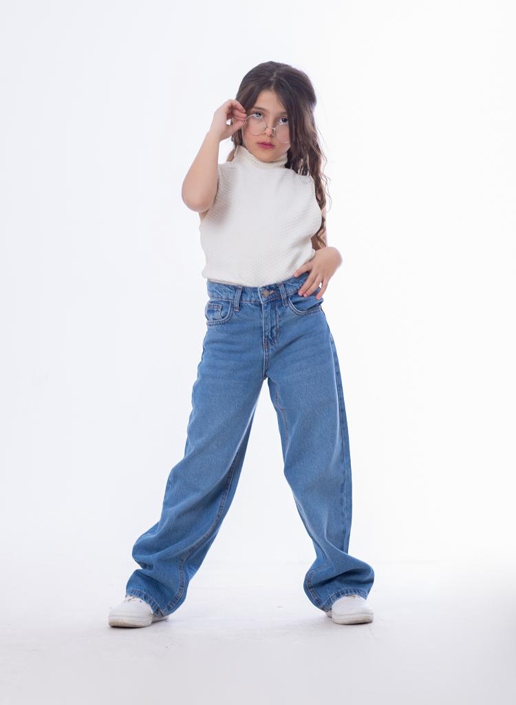 High Waist Straight Medium Blue Jeans Pants Teenager OB-397B