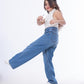 High Waist Straight Medium Blue Jeans Pants Teenager OB-397B