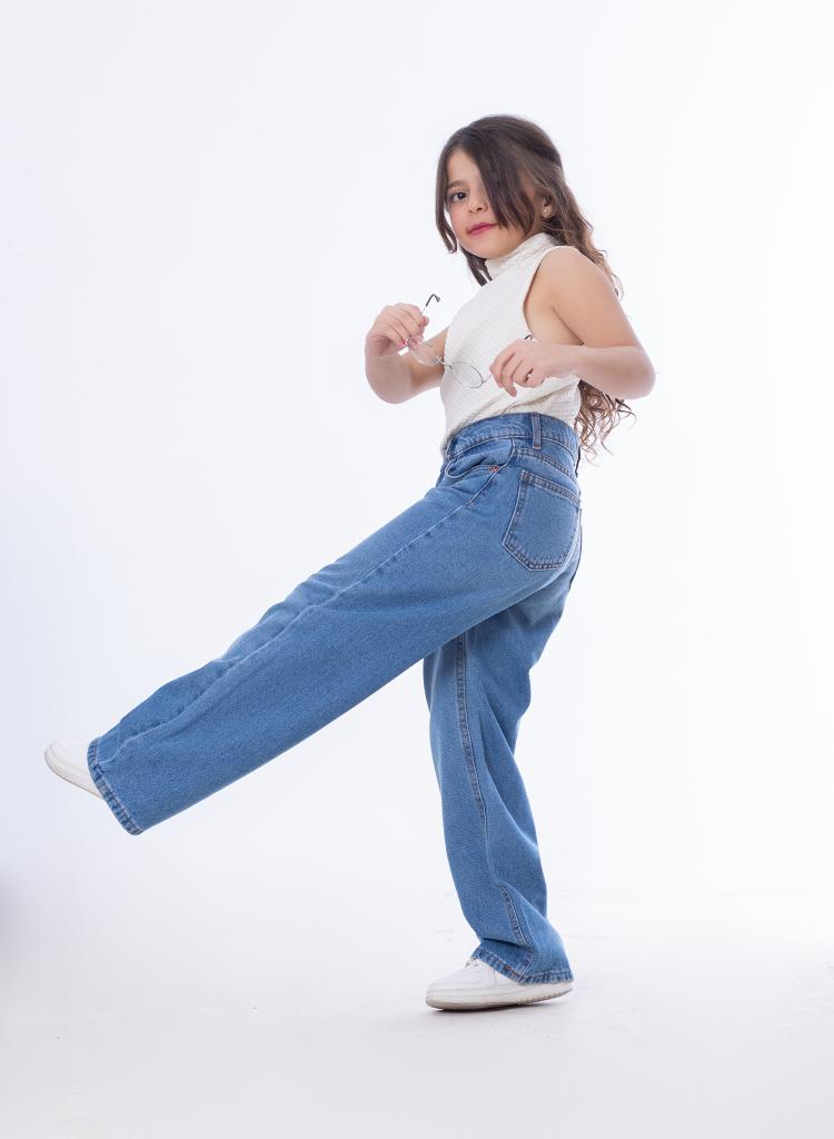 High Waist Straight Medium Blue Jeans Pants Teenager OB-397B
