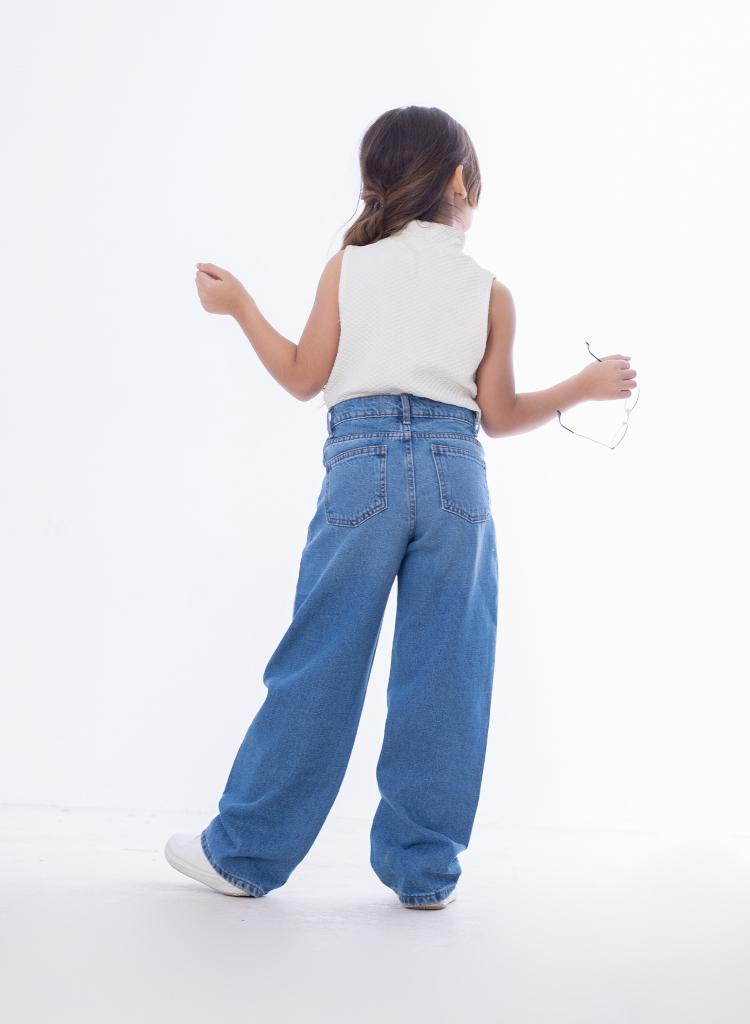 High Waist Straight Medium Blue Jeans Pants Teenager OB-397B