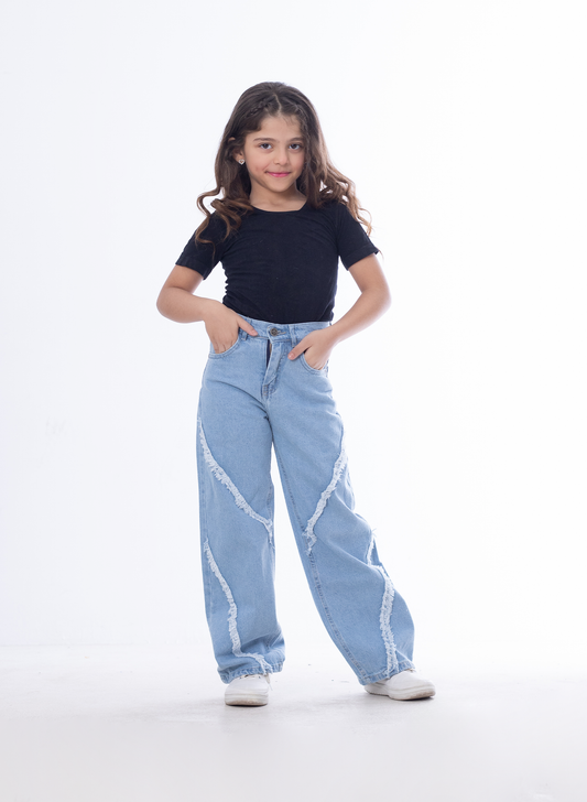 Straight Raw Cut Jeans Pants Line Ice Blue Teenager OB-618i