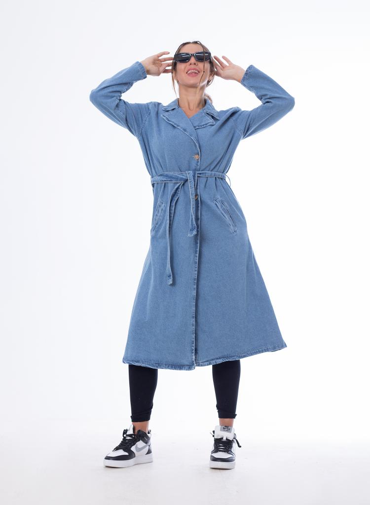 Denim coat with sleeves and belt Medium Blue OJ-012B