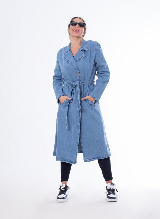 Denim coat with sleeves and belt Medium Blue OJ-012B