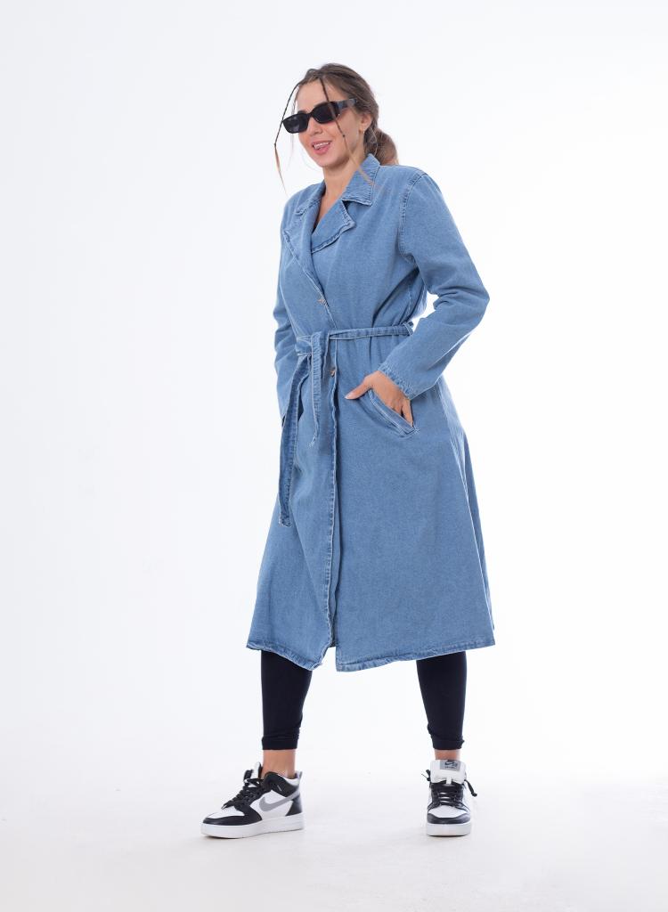 Denim coat with sleeves and belt Medium Blue OJ-012B