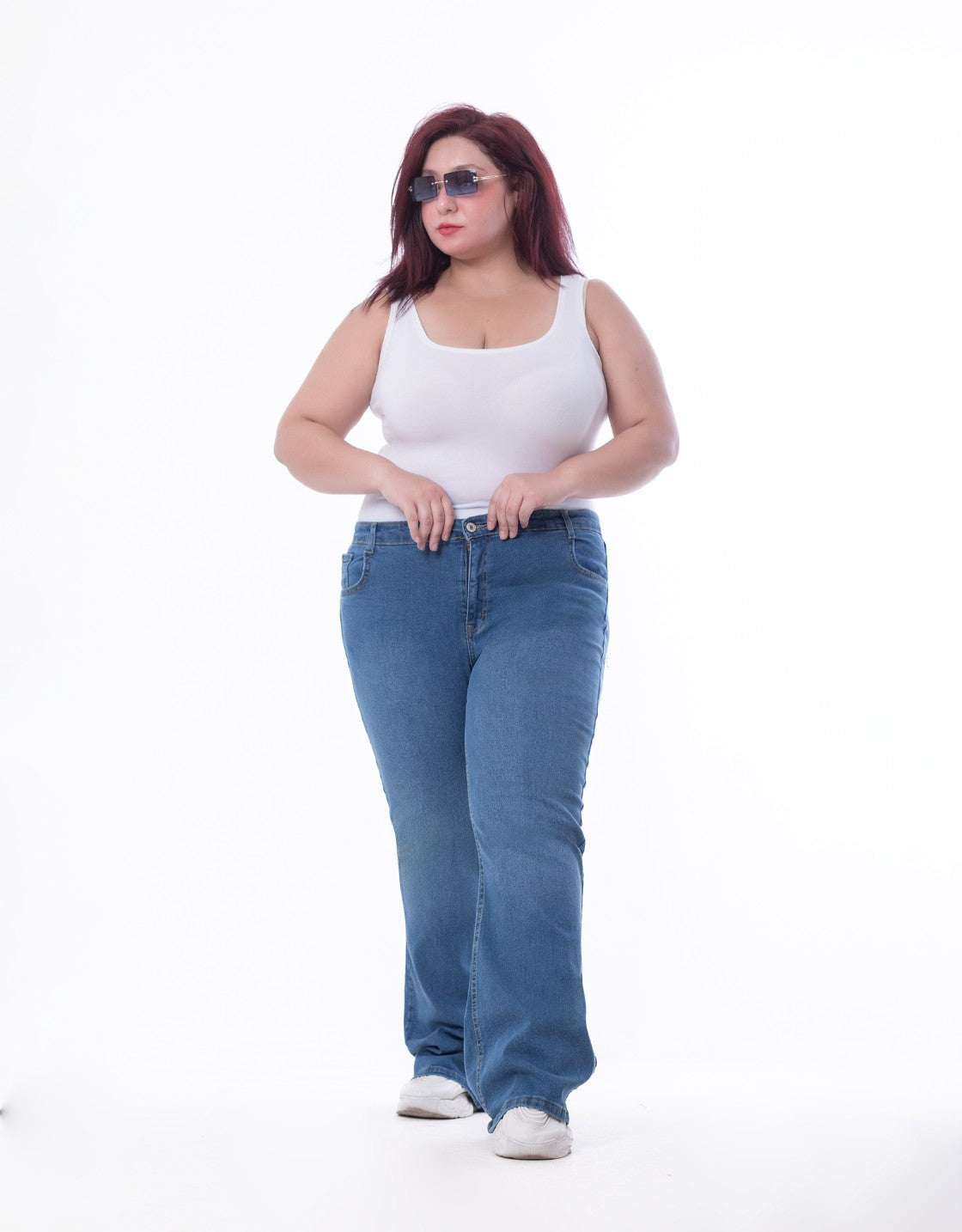 Plus Size High Waist Charleston Medium Blue Jeans Pants OH-434B