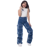 High Waist Flap Cargo Pocket Raw Cut Dark Blue Jeans Pants Teenager OB-627A