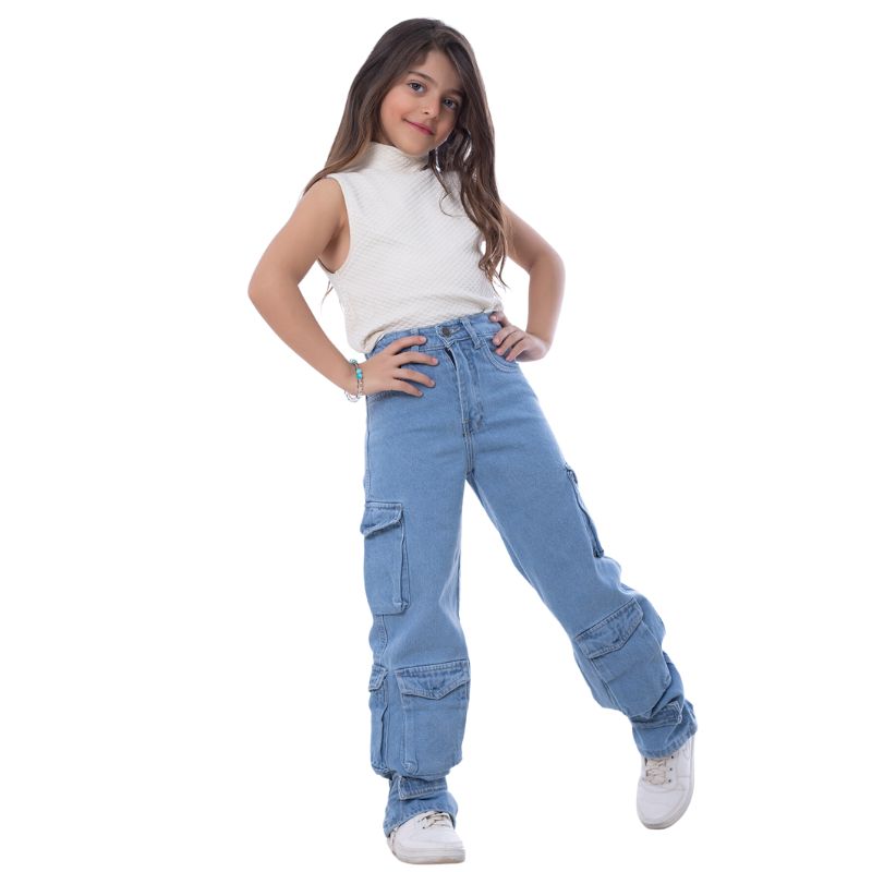 High waist Flap Pocket Cargo Glued Bottom Medium Blue Jeans Pants OB-624B