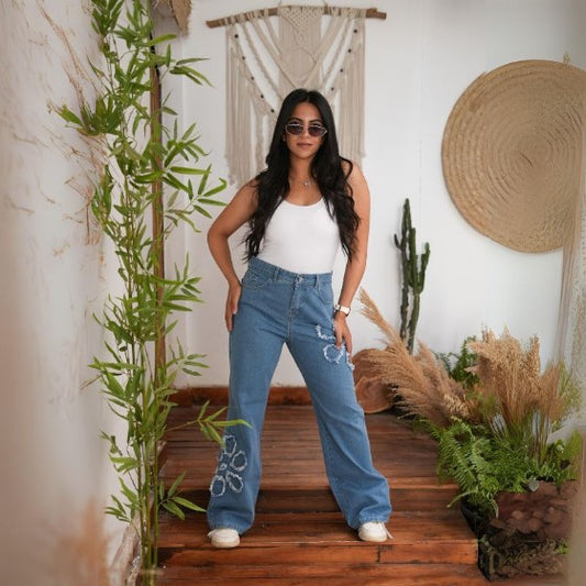 High Waist Straight Flower Pattern Medium Blue Jeans Pants OB-632B