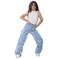 High Waist Flap Cargo Pocket Raw Cut Light Blue Jeans Pants Teenager OB-627C