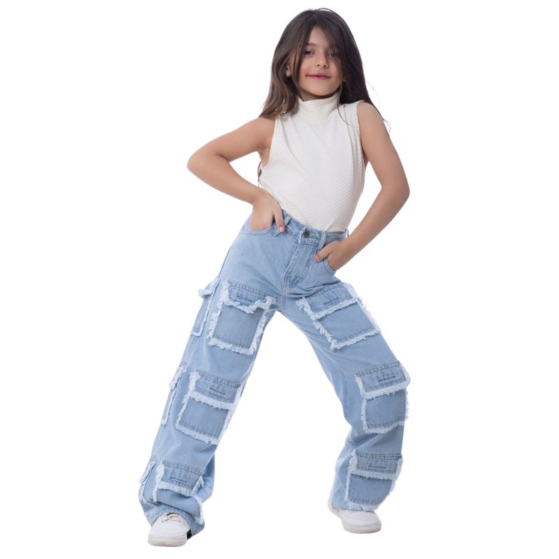 High Waist Flap Cargo Pocket Raw Cut Light Blue Jeans Pants Teenager OB-627C
