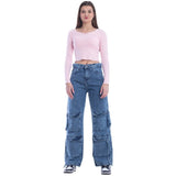 High waist Flap Pocket Cargo Dark Quarry Jeans Pants OB-624R
