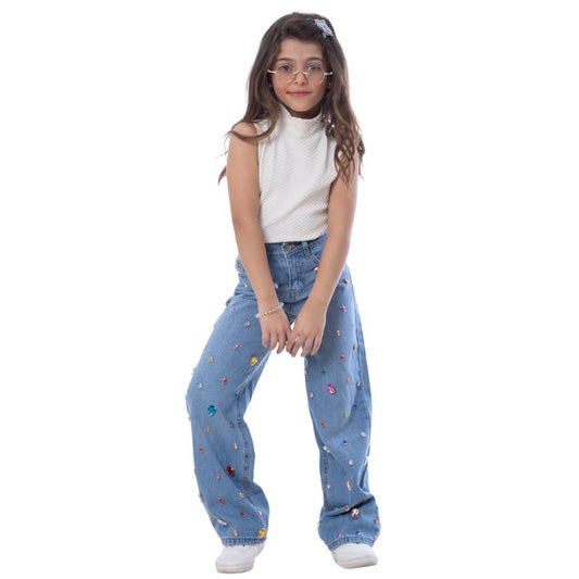 Diamond Studded Straight Jeans Pants Light Blue Teenager OBD-397DC