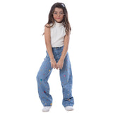 Diamond Studded Straight Jeans Pants Light Blue Teenager OBD-397DC
