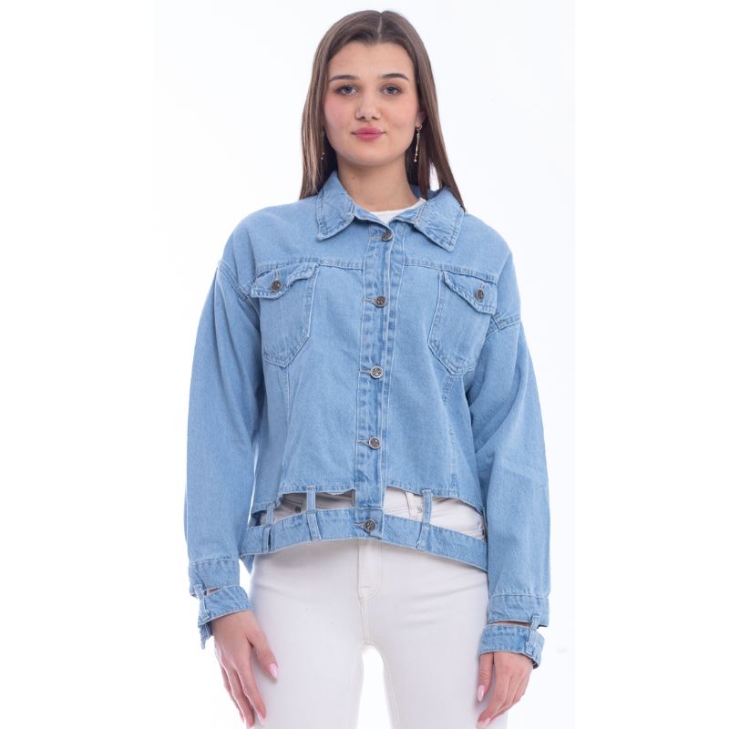 Jeans Jacket Fringe Trim Drop Shoulder Light Blue OJ-533C