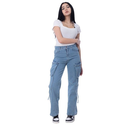 High Waist Flap Cargo Pocket Medium Blue Jeans Pants OB-630B