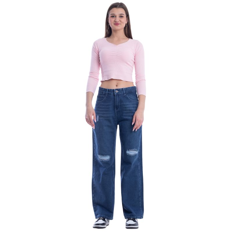 High Waist Straight Ripped Dark Blue Jeans Pants OB-351A
