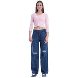 High Waist Straight Ripped Dark Blue Jeans Pants OB-351A