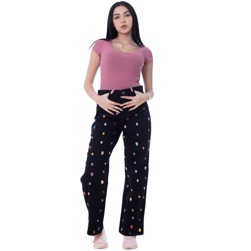 Diamond Studded Straight Jeans Pants Black OBD-350DBL
