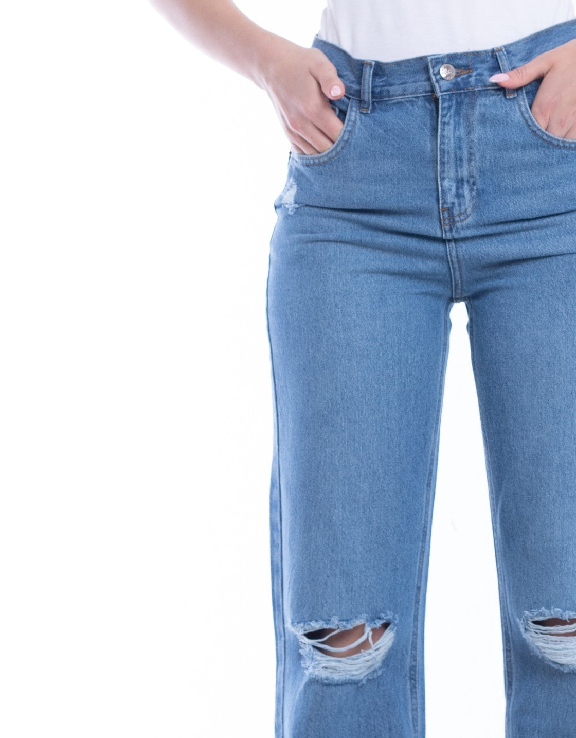 High Waist Straight Cutting Medium Blue Jeans Pants OB-351B