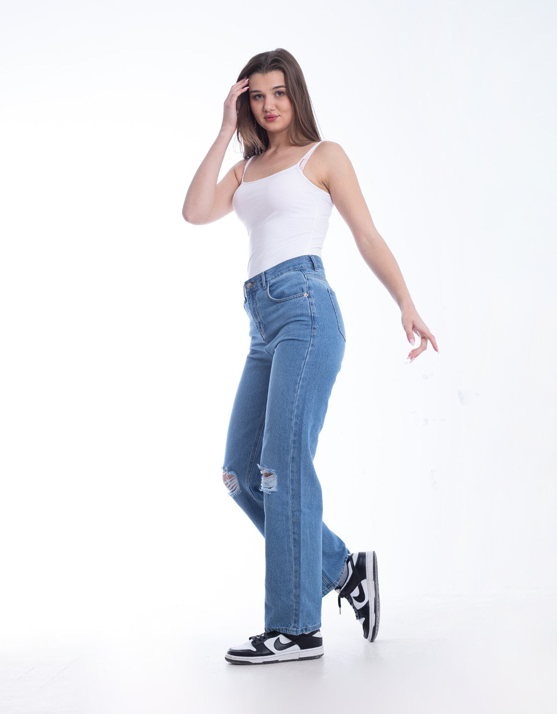 High Waist Straight Cutting Medium Blue Jeans Pants OB-351B