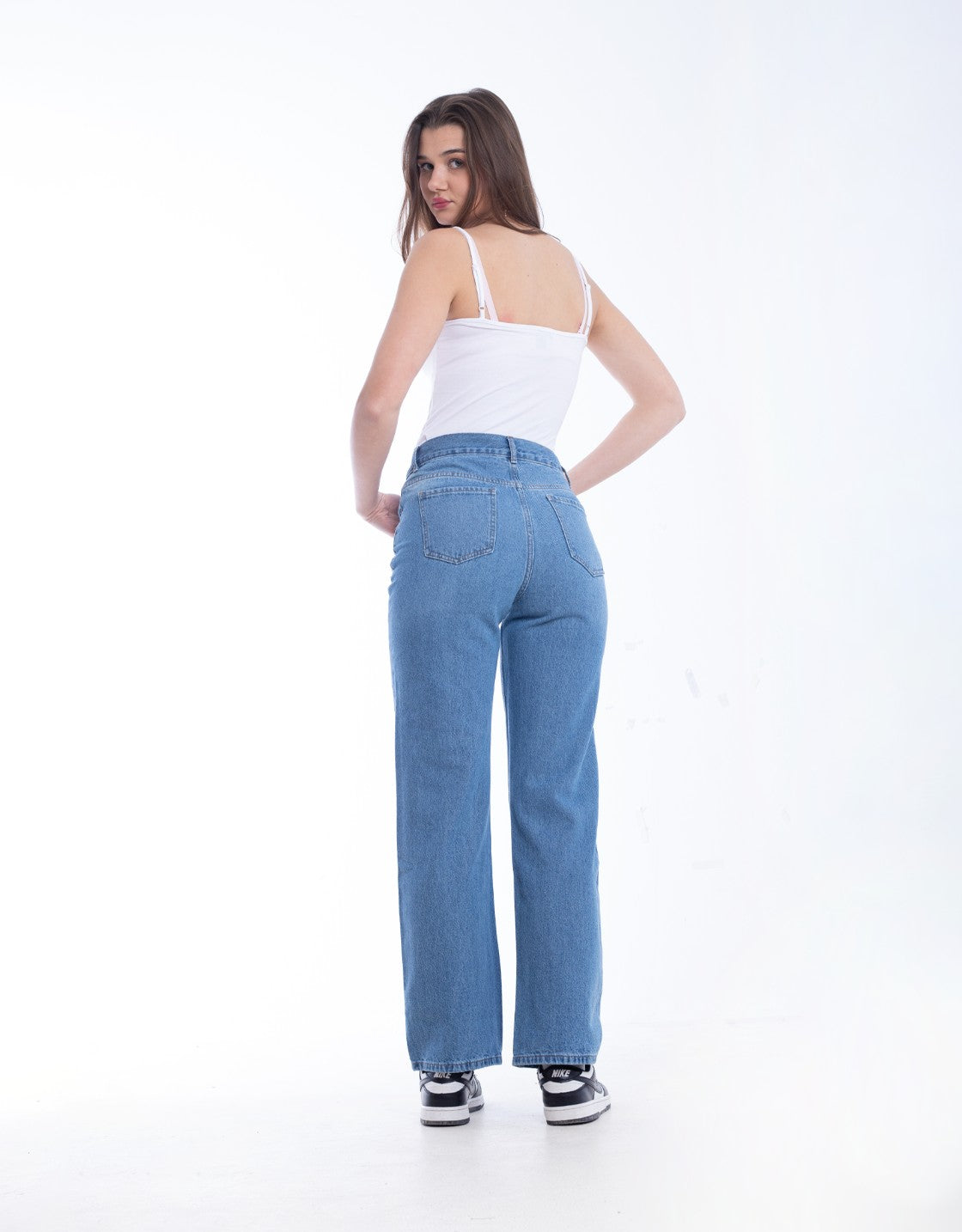 High Waist Straight Cutting Medium Blue Jeans Pants OB-351B