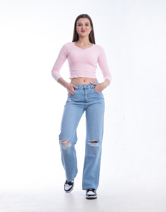 High Waist Straight Cutting Light Blue Jeans Pants OB-351C