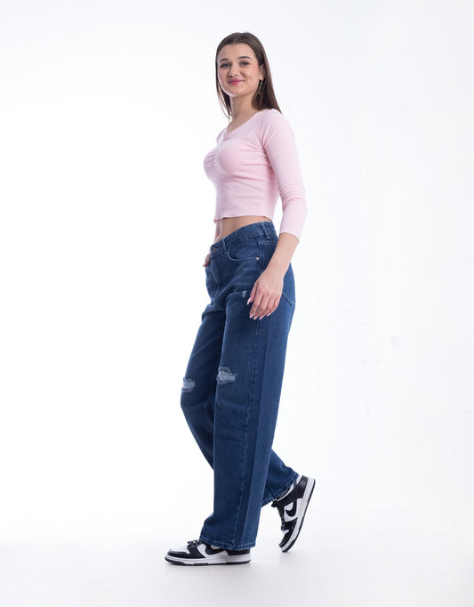 High Waist Straight Ripped Dark Blue Jeans Pants OB-351A