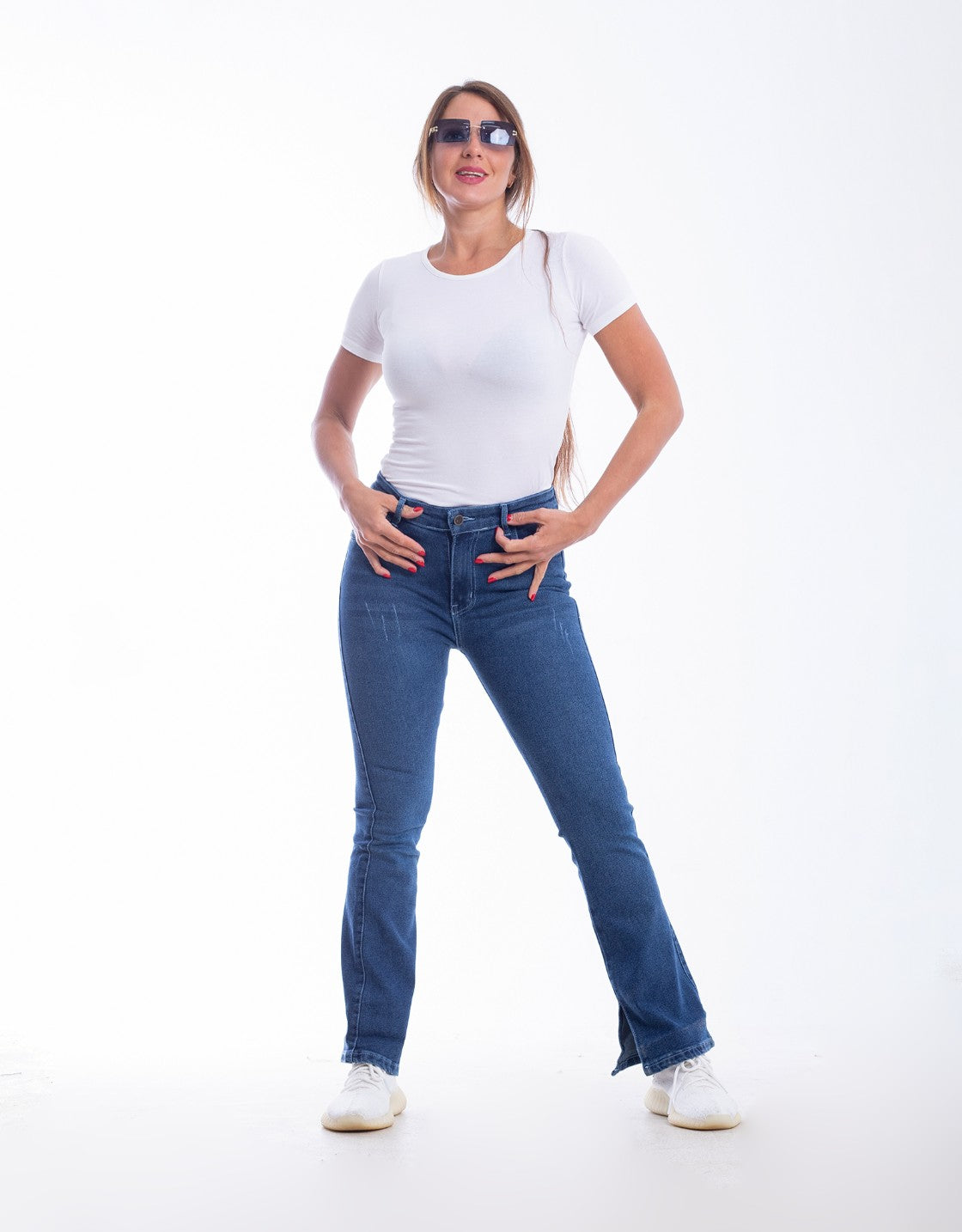 High Waist Charleston Leg Opening Dark Blue Jeans Pants OH-416A