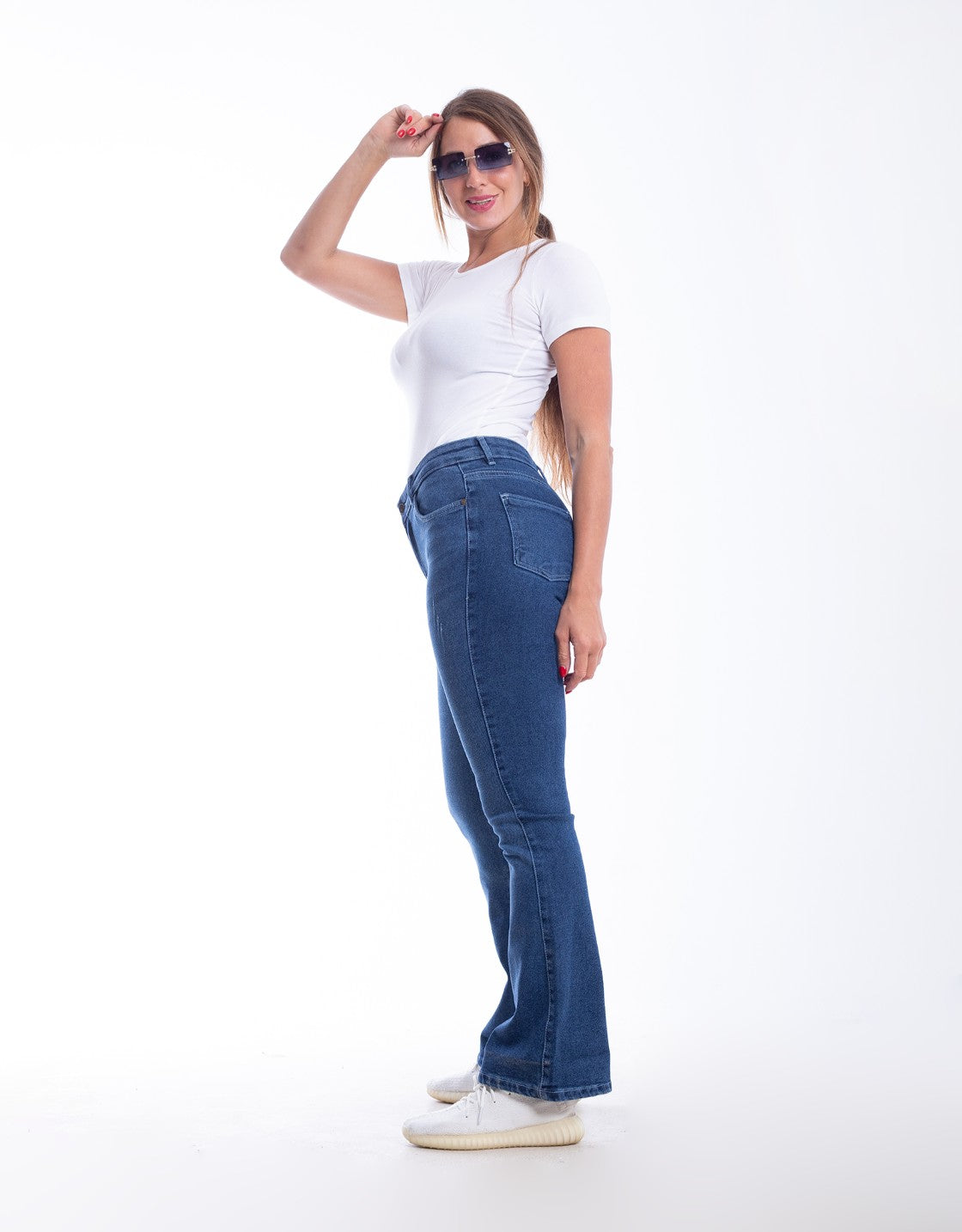 High Waist Charleston Leg Opening Dark Blue Jeans Pants OH-416A