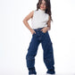 High waist Flap Pocket Cargo Glued Bottom Dark Blue Jeans Pants OB-624A