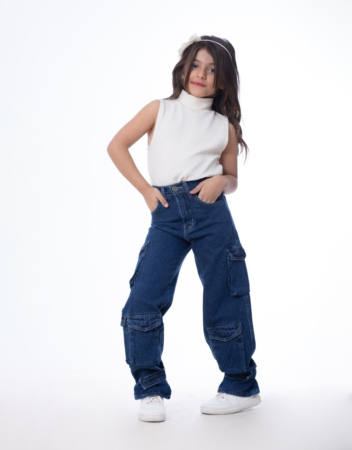 High waist Flap Pocket Cargo Glued Bottom Dark Blue Jeans Pants OB-624A