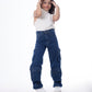 High waist Flap Pocket Cargo Glued Bottom Dark Blue Jeans Pants OB-624A