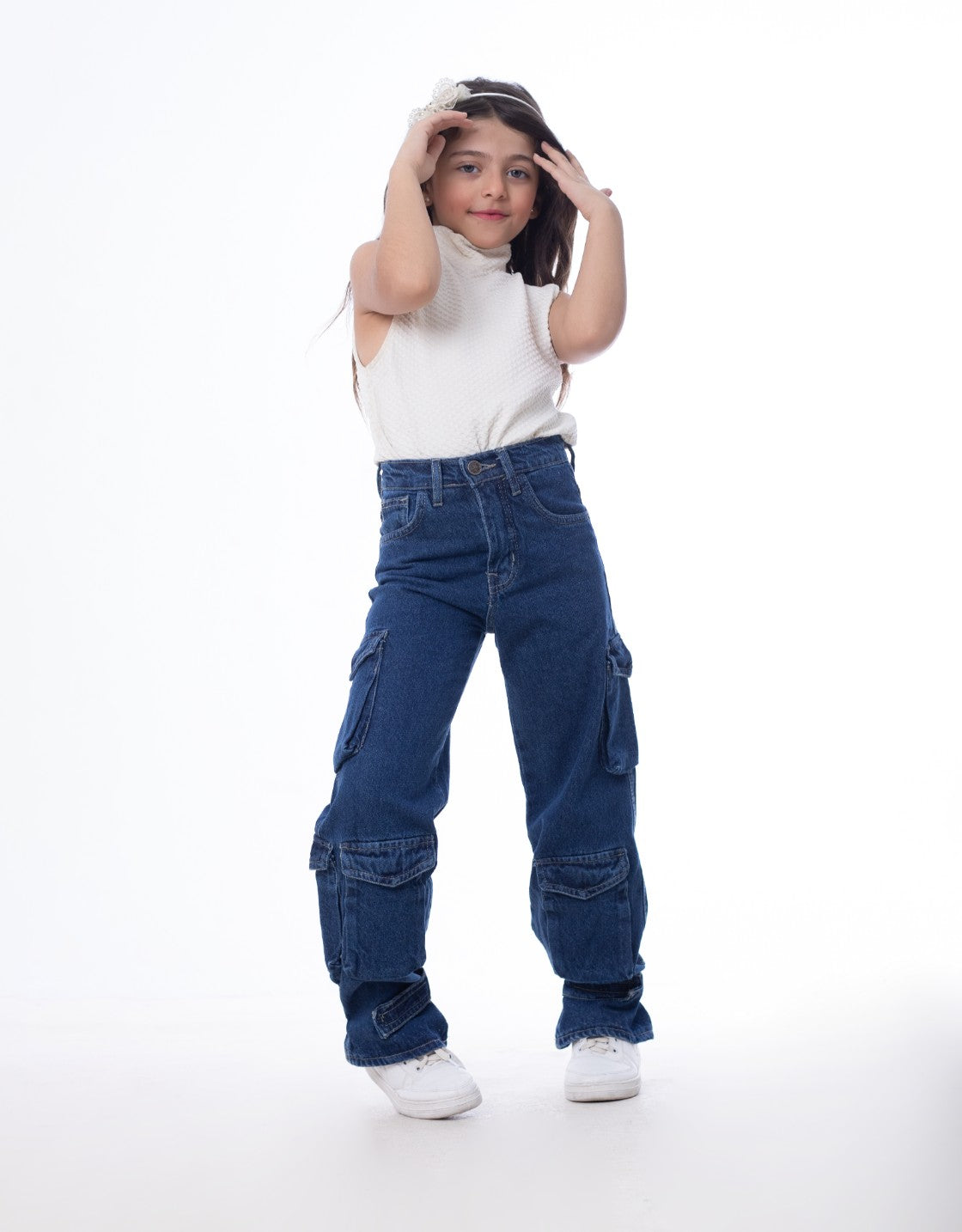 High waist Flap Pocket Cargo Glued Bottom Dark Blue Jeans Pants OB-624A