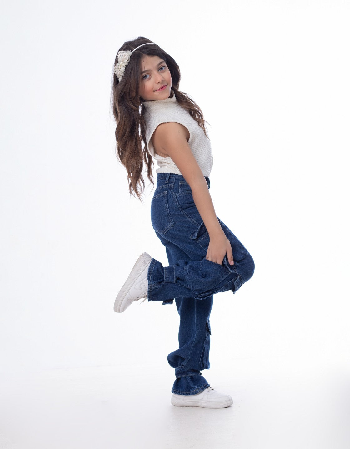 High waist Flap Pocket Cargo Glued Bottom Dark Blue Jeans Pants OB-624A