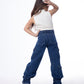 High waist Flap Pocket Cargo Glued Bottom Dark Blue Jeans Pants OB-624A