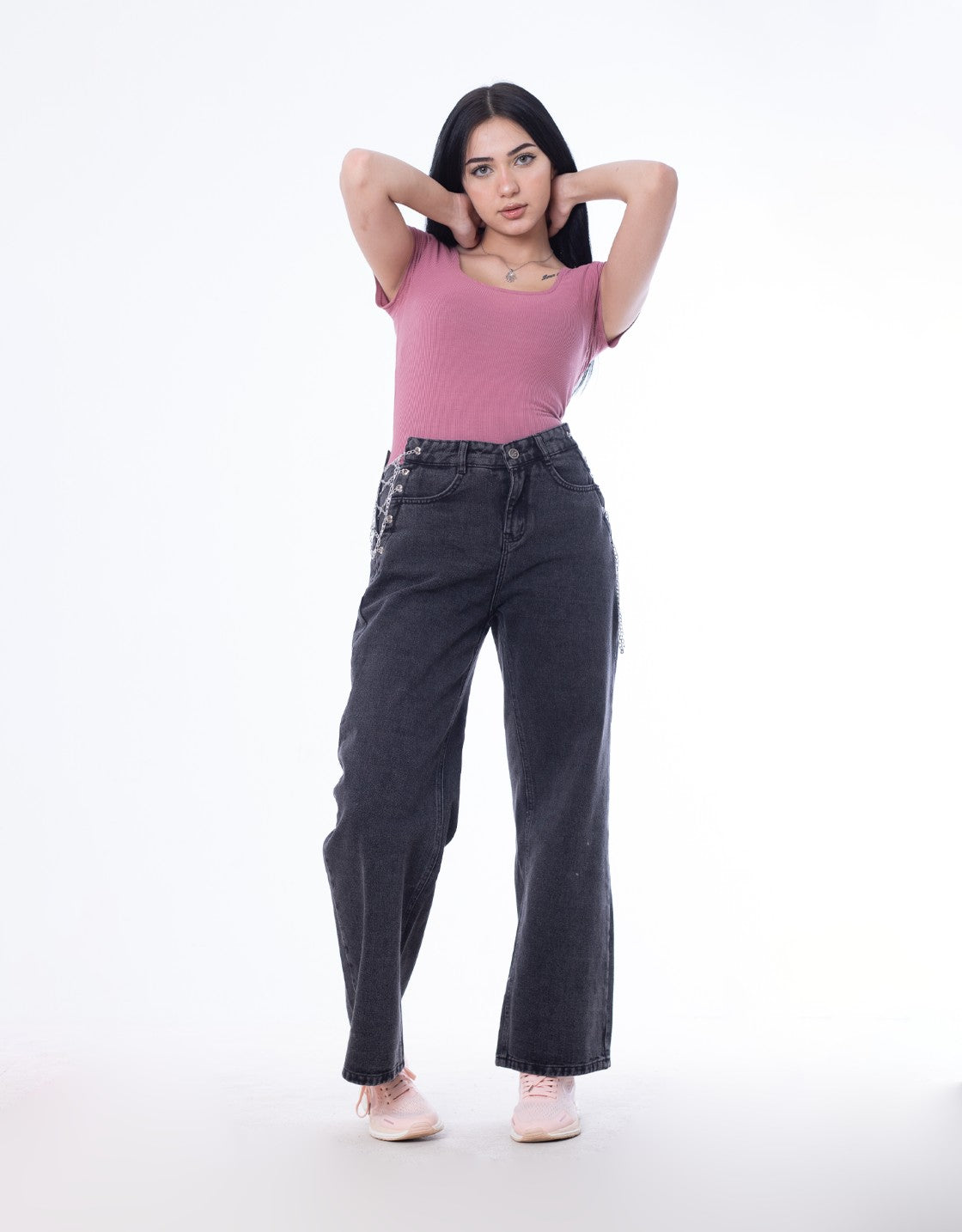 High Waist Eyelet Chain Detail Jeans Dark Grey OB-616BBL