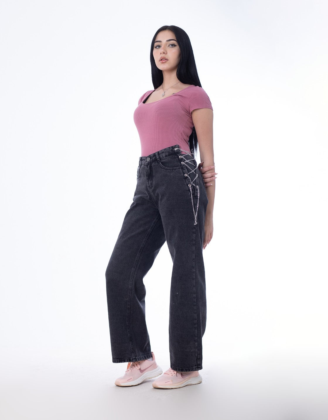 High Waist Eyelet Chain Detail Jeans Dark Grey OB-616BBL