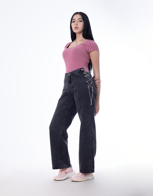 High Waist Eyelet Chain Detail Jeans Dark Grey OB-616BBL