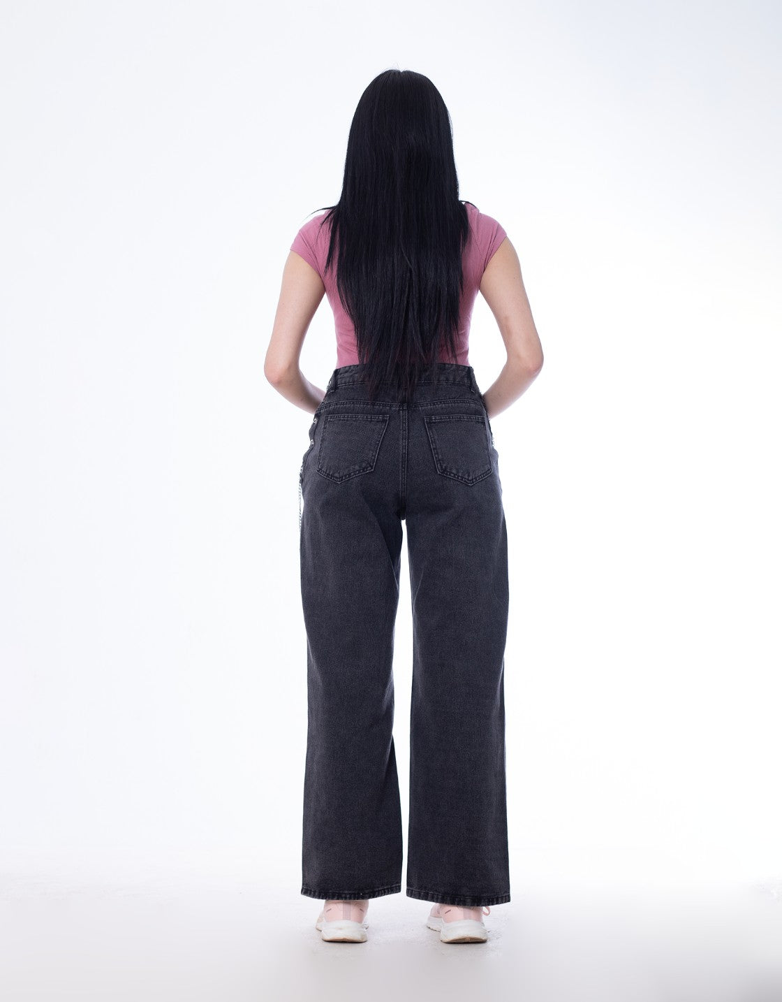 High Waist Eyelet Chain Detail Jeans Dark Grey OB-616BBL