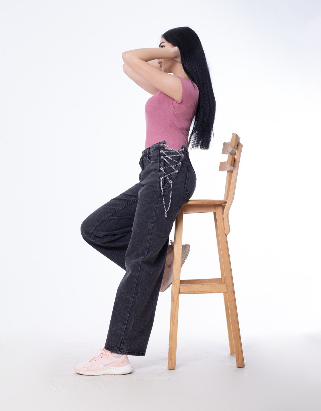 High Waist Eyelet Chain Detail Jeans Dark Grey OB-616BBL