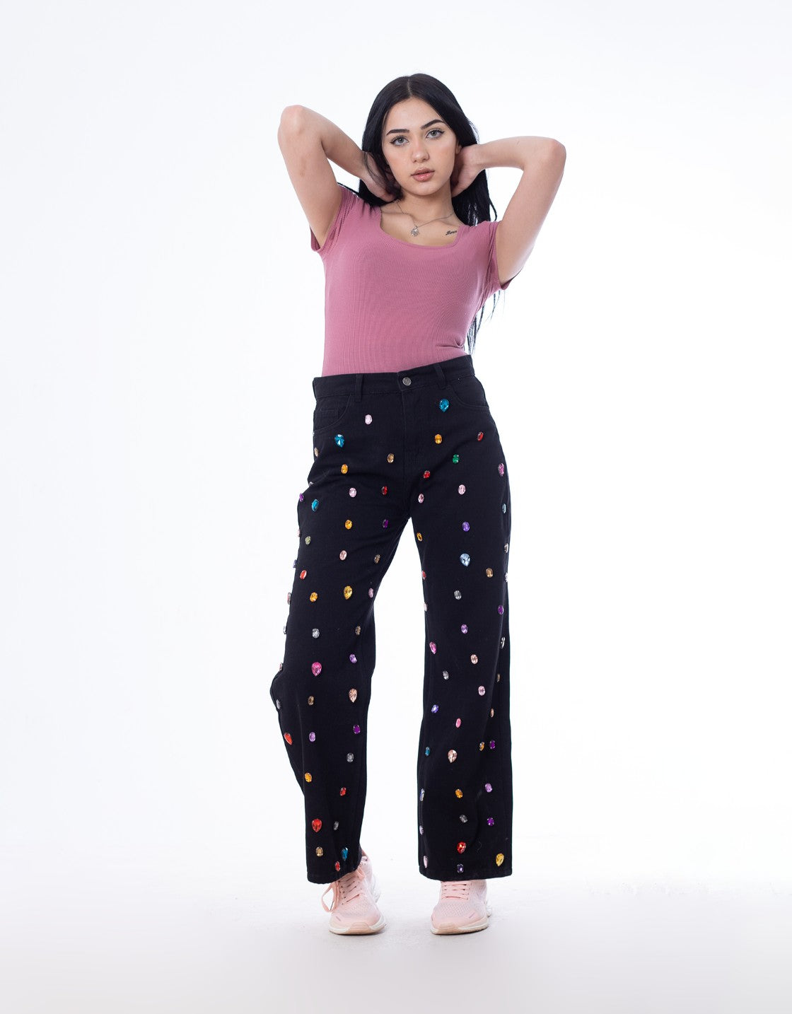 Diamond Studded Straight Jeans Pants Black OBD-350DBL
