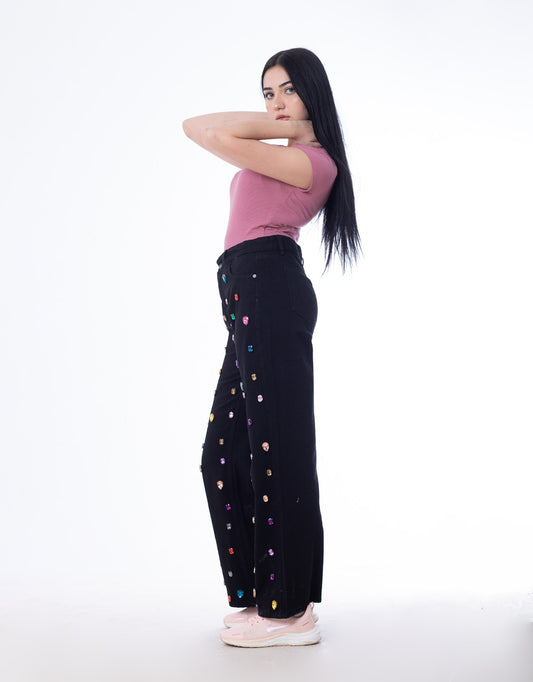 Diamond Studded Straight Jeans Pants Black OBD-350DBL