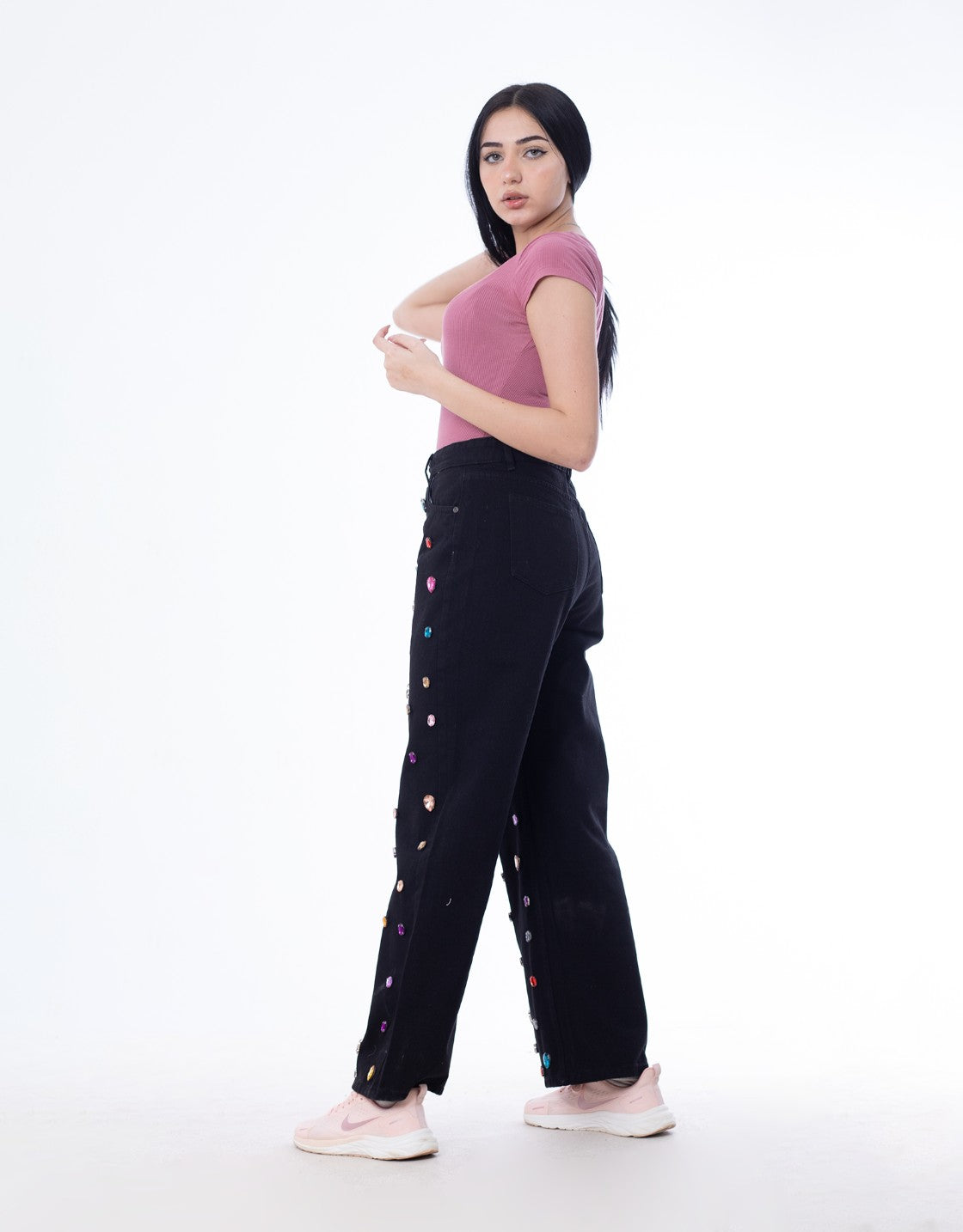 Diamond Studded Straight Jeans Pants Black OBD-350DBL
