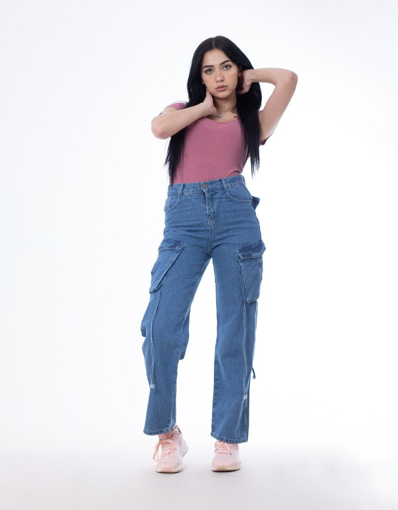 High Waist Flap Cargo Pocket Dark Blue Jeans Pants OB-630A