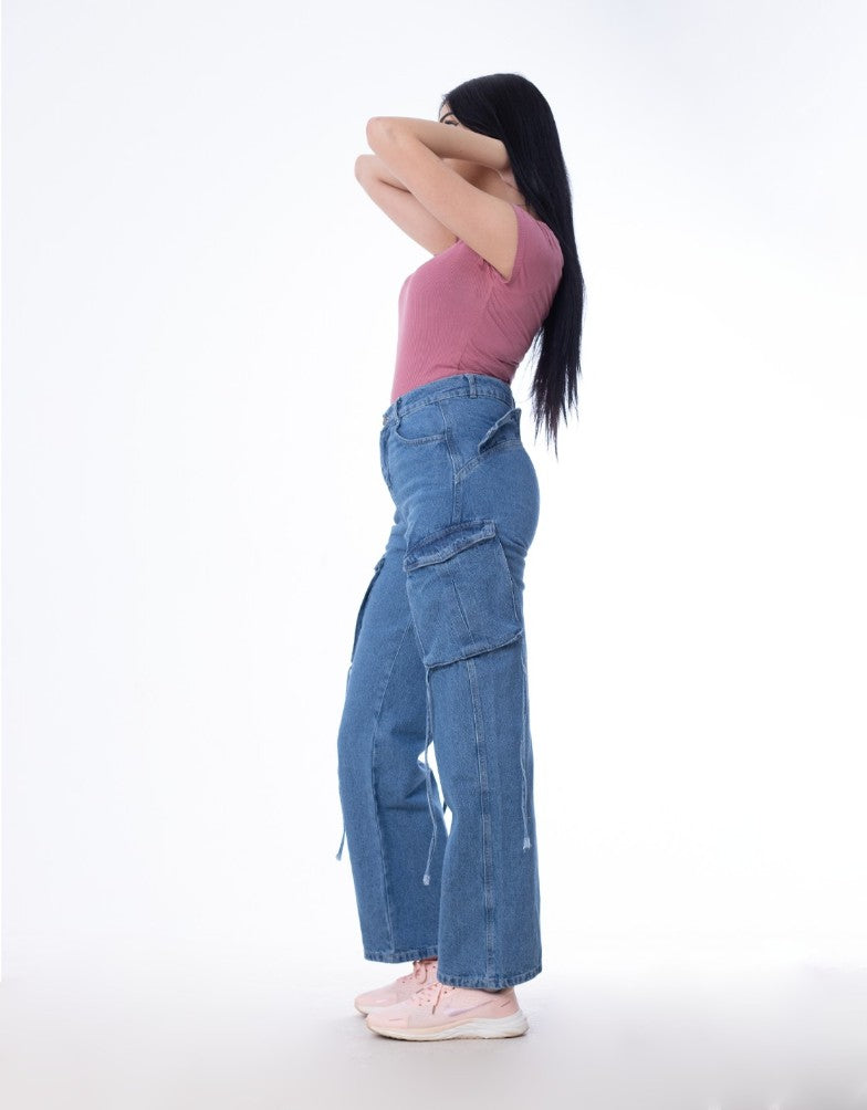 High Waist Flap Cargo Pocket Dark Blue Jeans Pants OB-630A