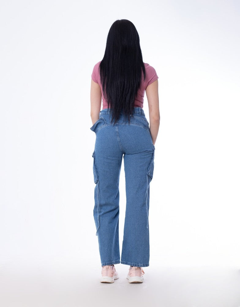 High Waist Flap Cargo Pocket Dark Blue Jeans Pants OB-630A