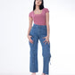 High Waist Flap Cargo Pocket Dark Blue Jeans Pants OB-630A