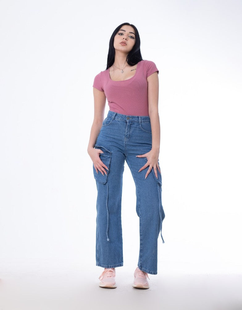 High Waist Flap Cargo Pocket Dark Blue Jeans Pants OB-630A