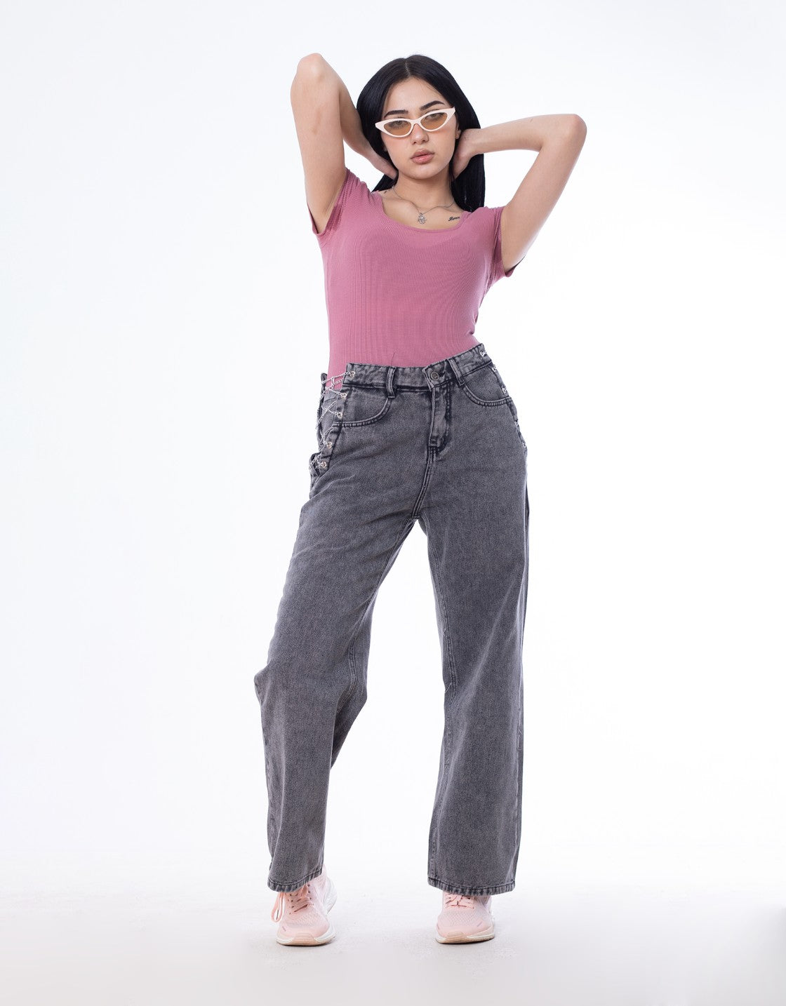 High Waist Eyelet Chain Detail Jeans Light Grey OB-616CBL