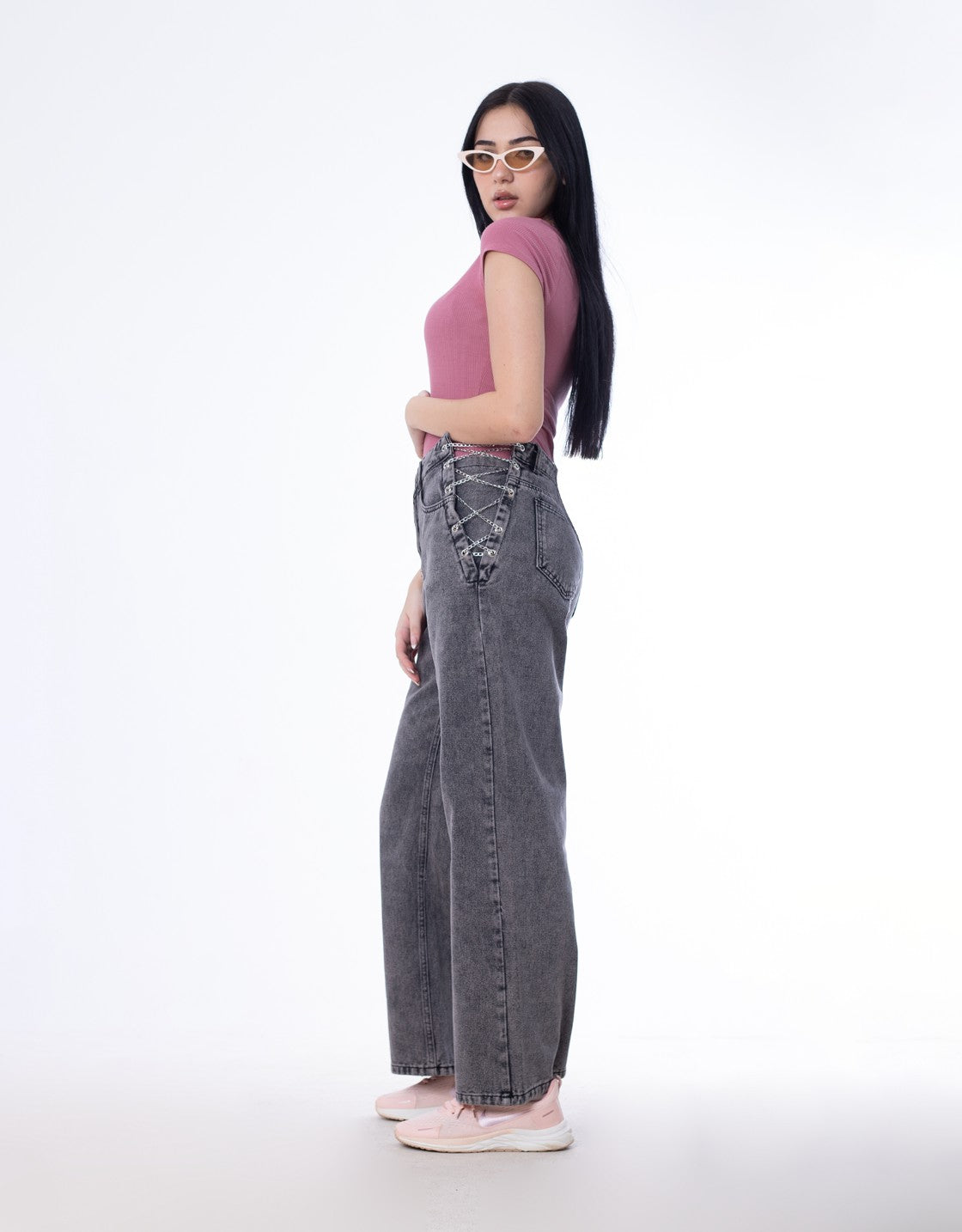 High Waist Eyelet Chain Detail Jeans Light Grey OB-616CBL